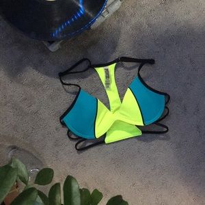 Neon green and blue bikini top